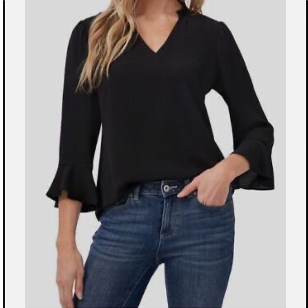 Cece Women's Black V-Neck Ruffle Cuff 3/4 Sleeve Crepe Blouse Top Size XS